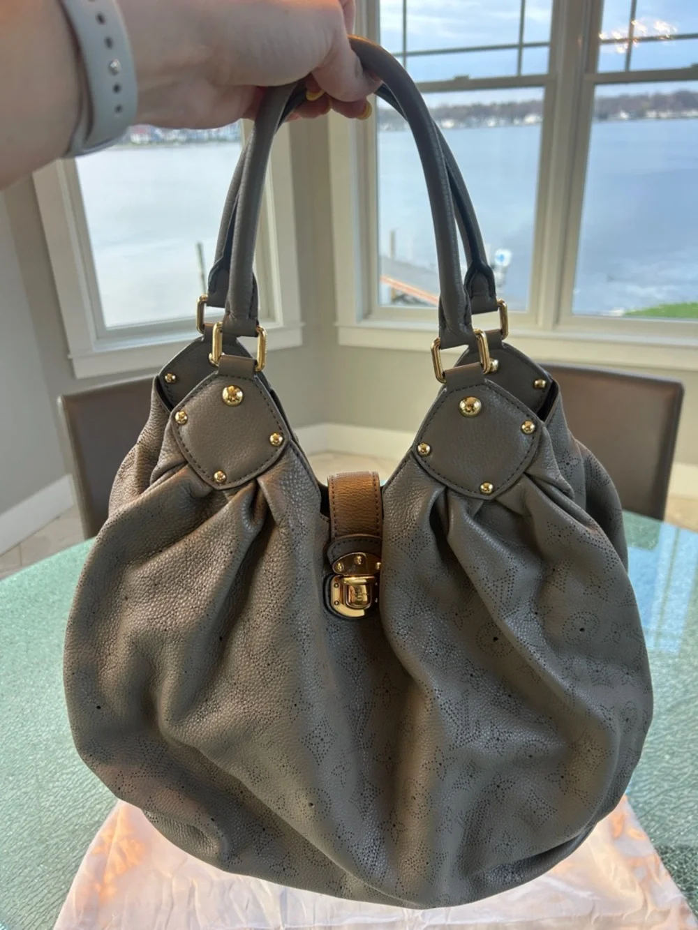 Louis Vuitton Mahina Gray Perforated Leather Hobo with Gold Hardware - Picture 3 of 5